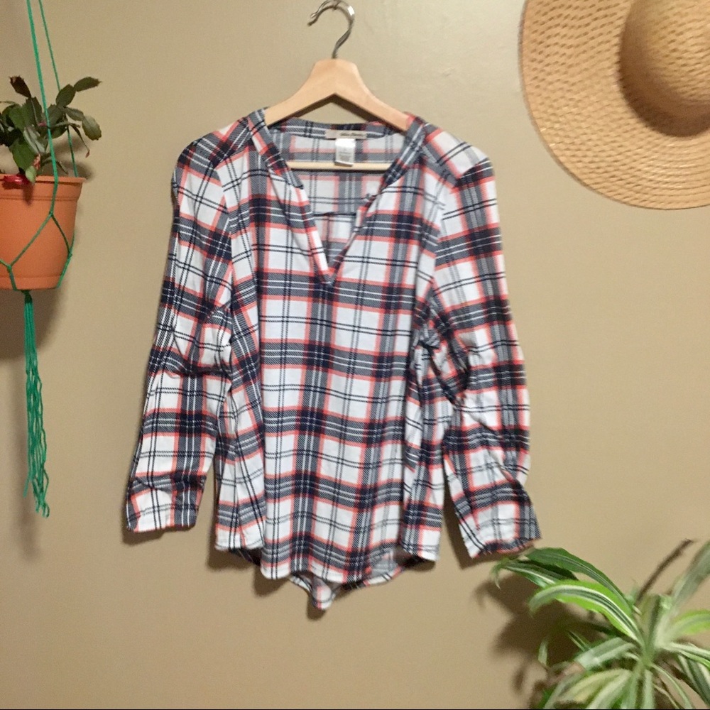 V Neck Flannel Pullover Tunic